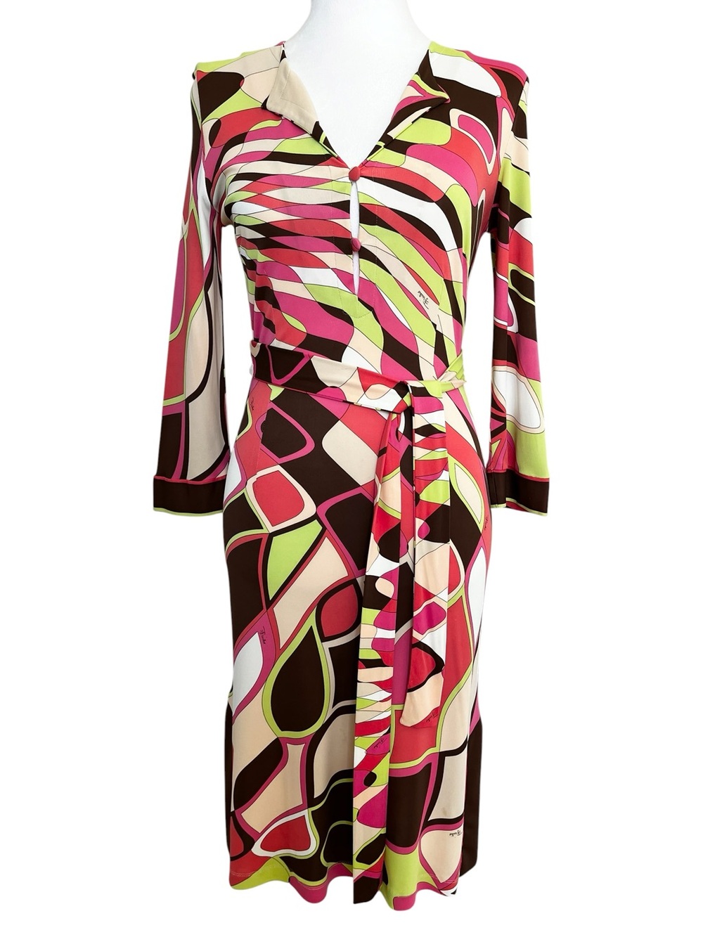 Vintage Emilio Pucci Pink Brown Green White Print Long Sleeve Midi Dress 40 6